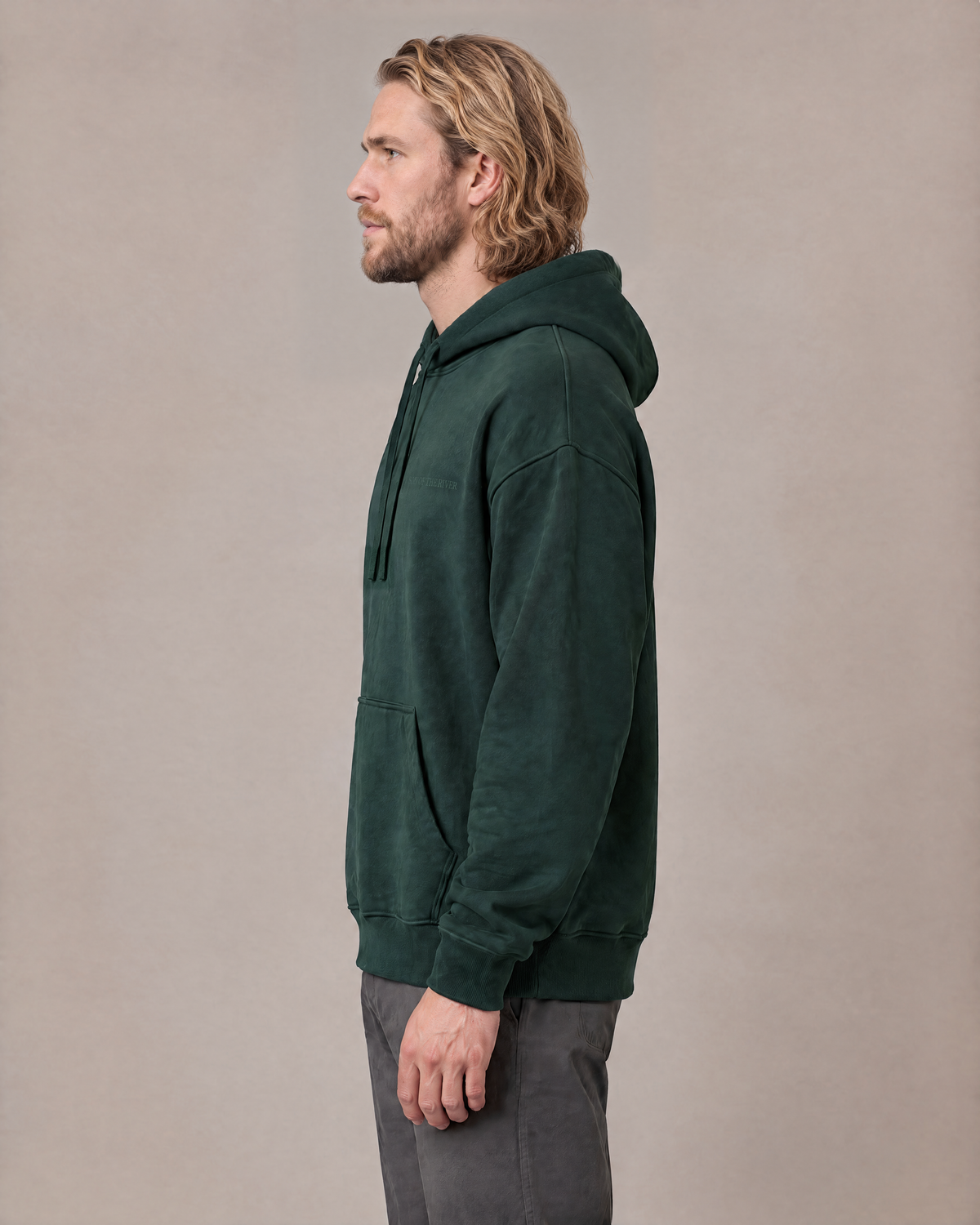 Son of the River — Ben wearing River Moss Heavy Hoodie — side view