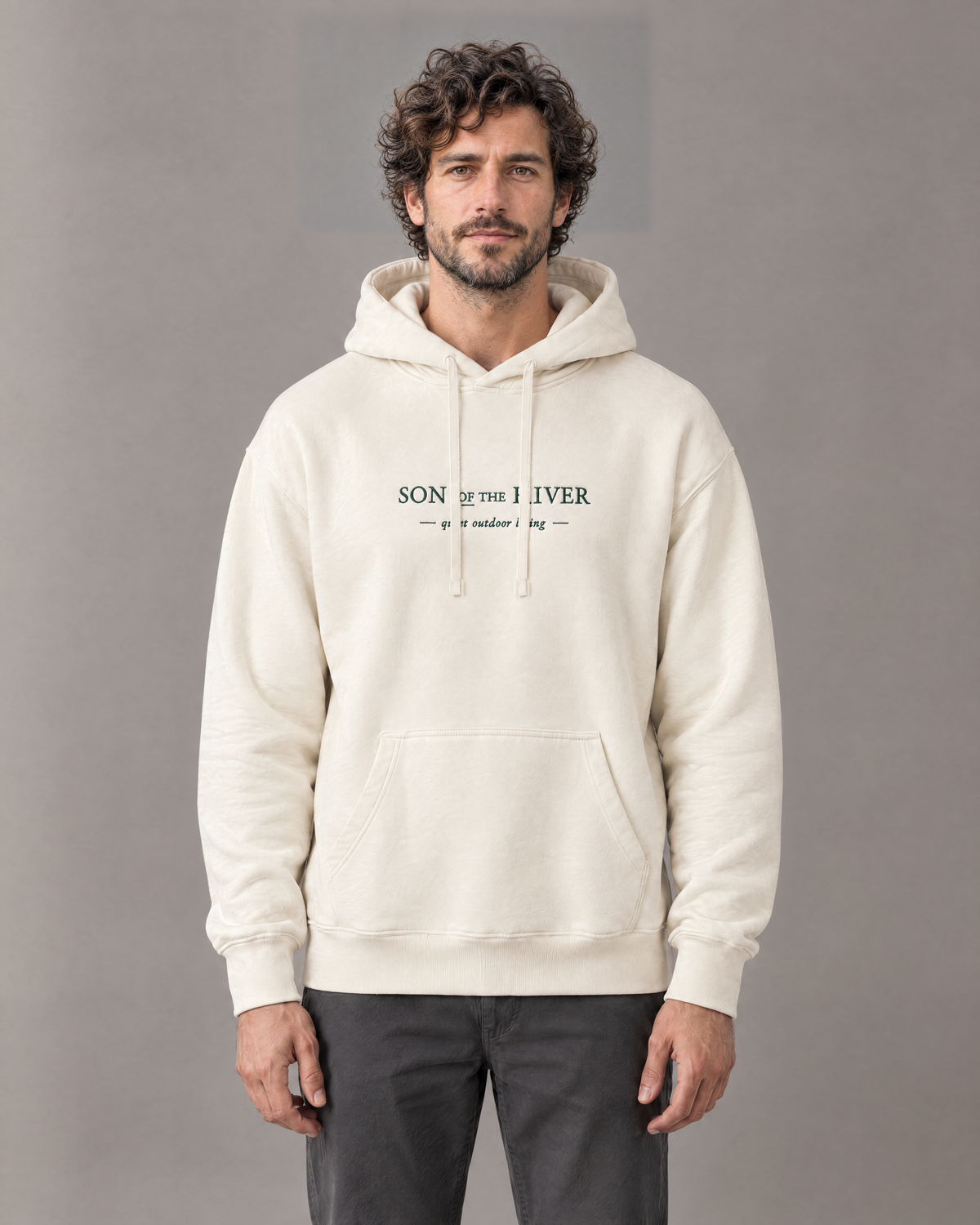 Son of the River — Jonas wearing River Cream (Ecru) Heavy Hoodie — front view