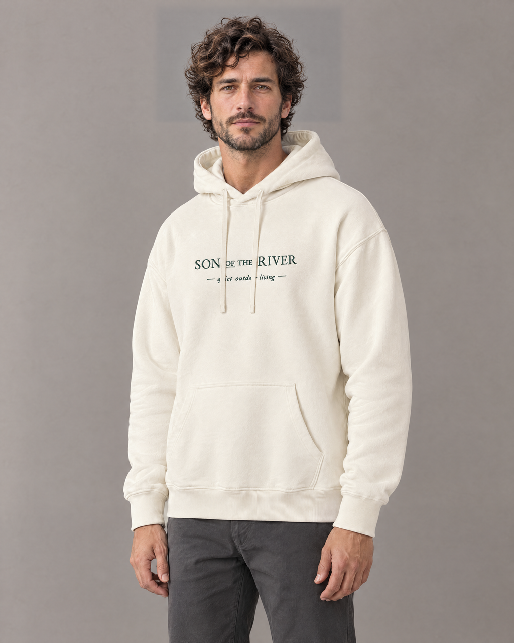 Son of the River — Jonas wearing River Cream (Ecru) Heavy Hoodie — three-quarter view