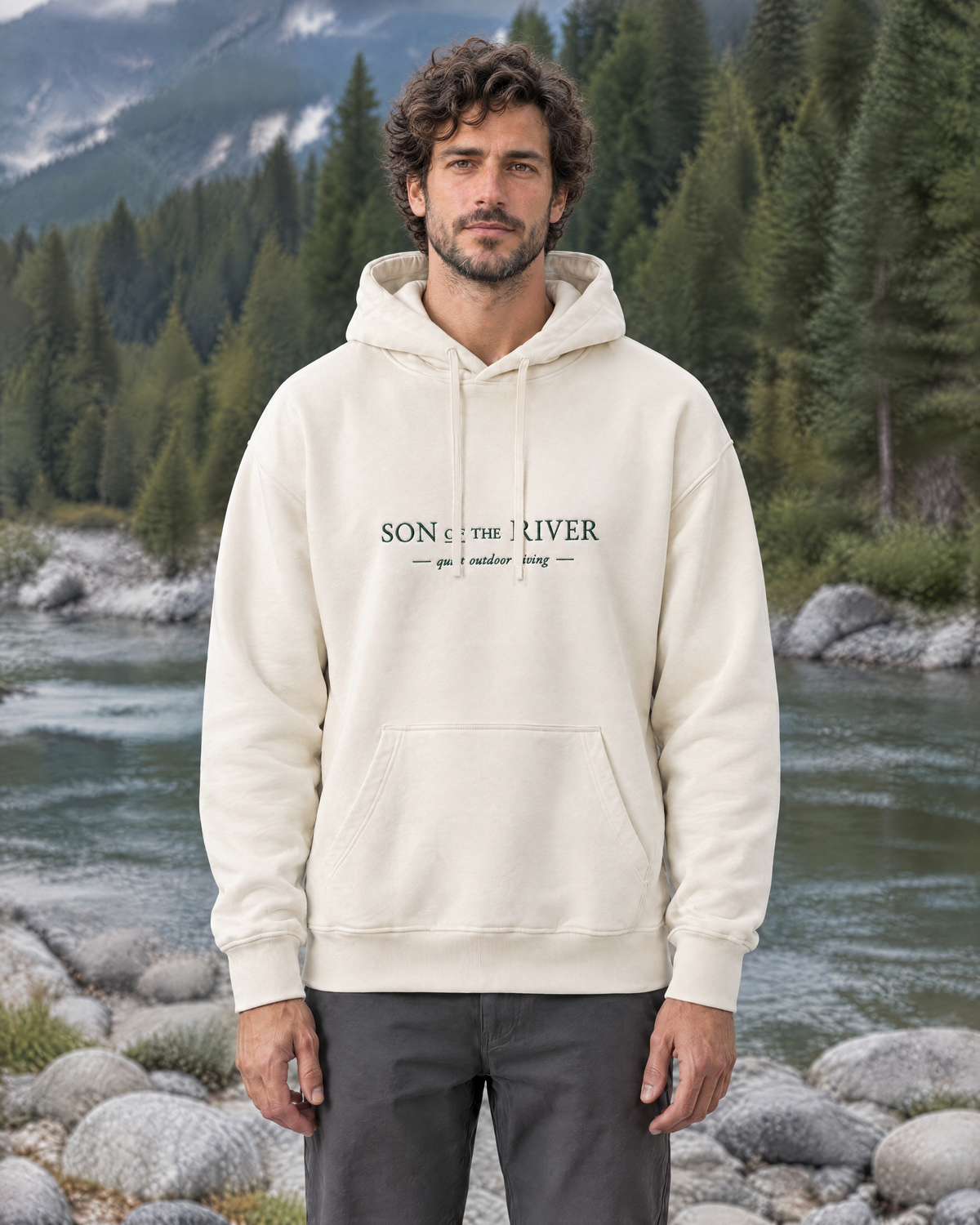 Son of the River — Jonas wearing River Cream (Ecru) Heavy Hoodie — outdoor view