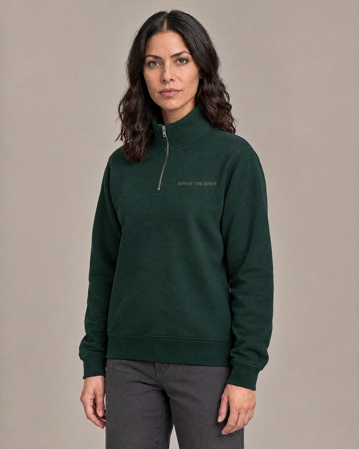 River Moss Stencil Half Zip — Women — Raya — Three-quarter view