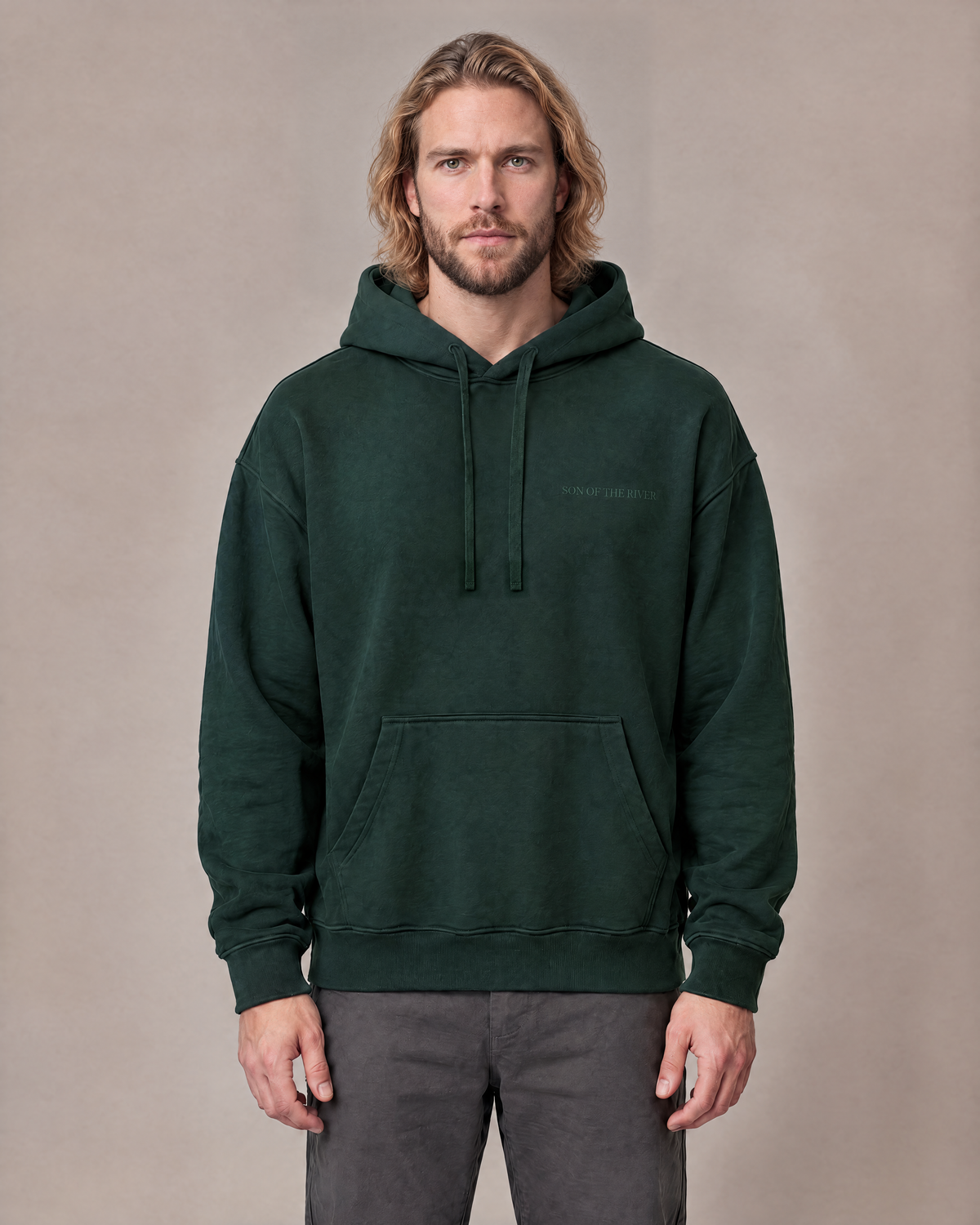 Son of the River River Moss (Pine Green) Heavy Hoodie — Men, front view on Ben