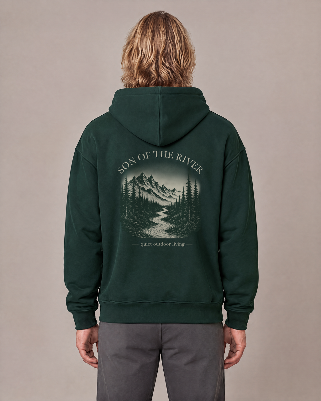 Son of the River River Moss (Pine Green) Heavy Hoodie — Men, back view on Ben