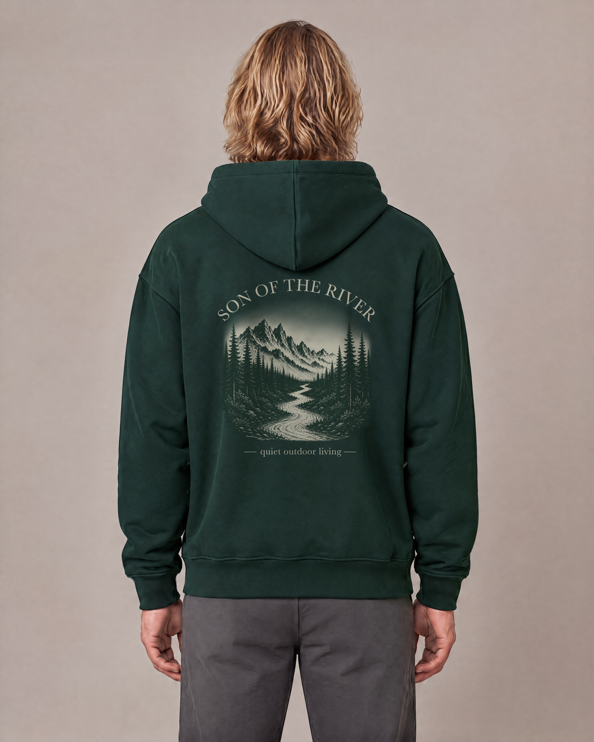 Son of the River River Moss (Pine Green) Heavy Hoodie — Men, back view on Ben