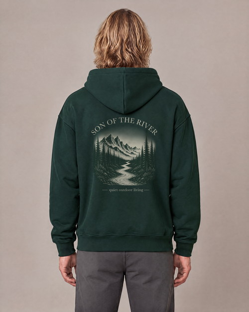 Son of the River River Moss (Pine Green) Heavy Hoodie — Men, back view on Ben