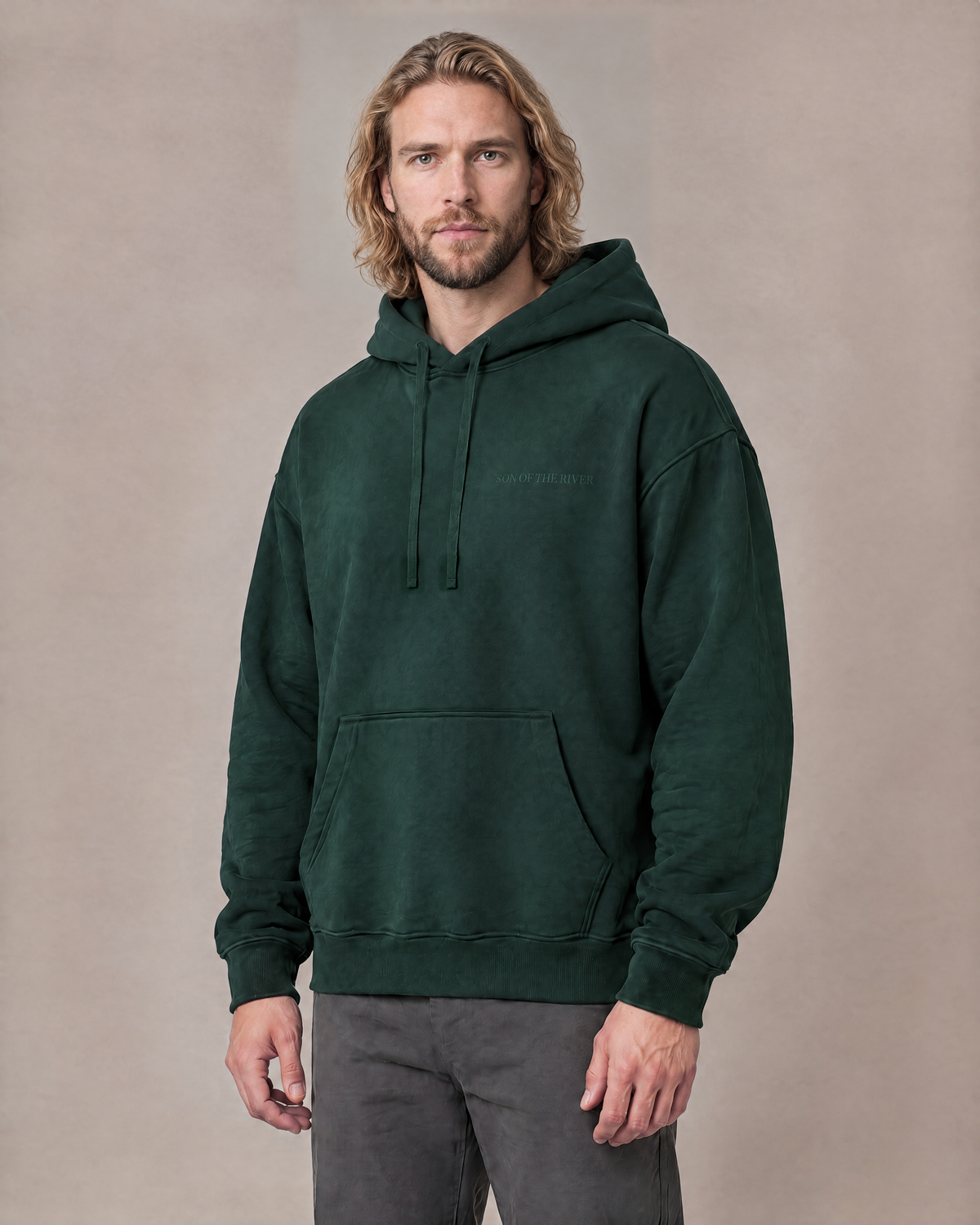 Son of the River River Moss (Pine Green) Heavy Hoodie — Men, three-quarter view on Ben