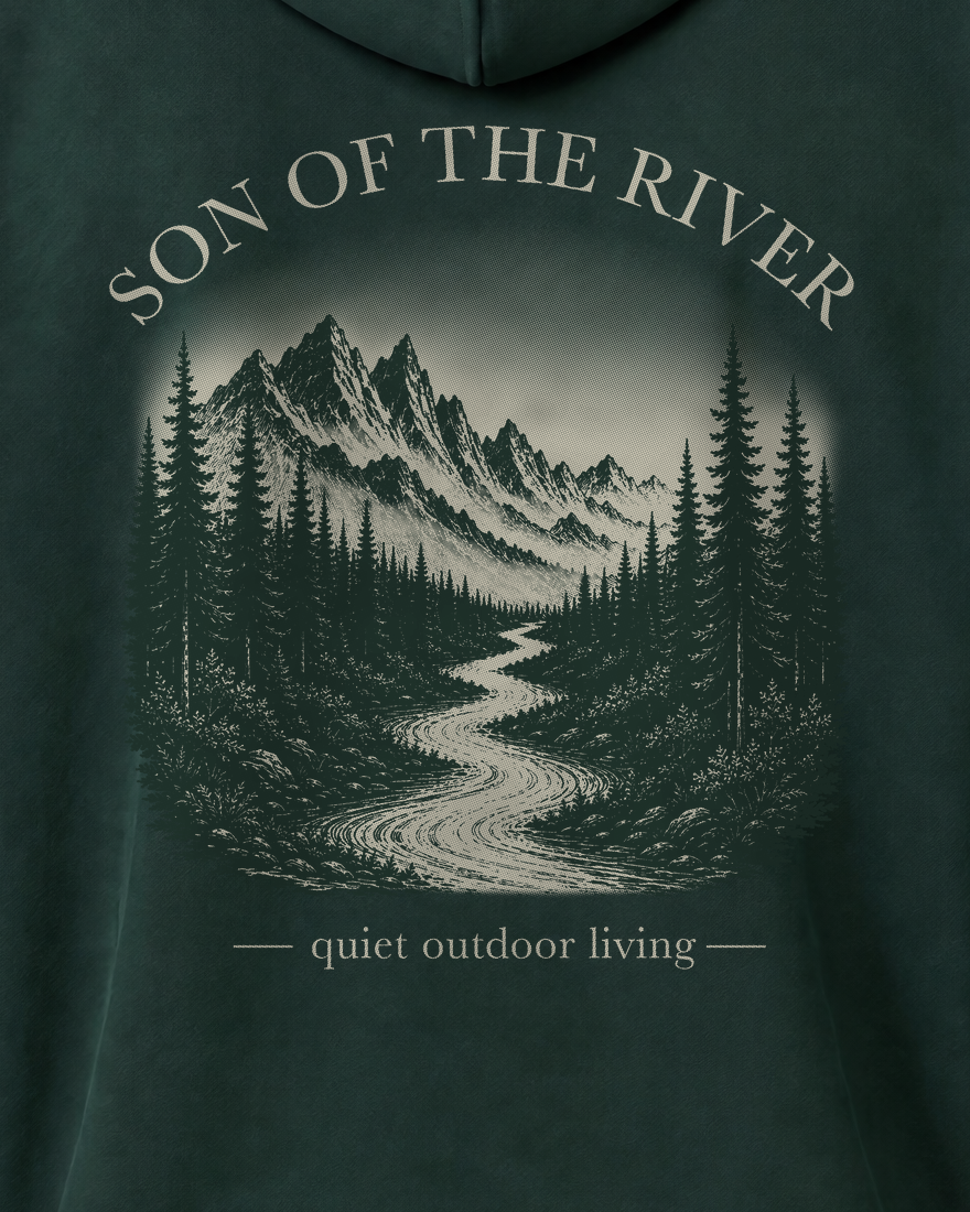 Son of the River River Moss (Pine Green) Heavy Hoodie — Men, print detail on Ben