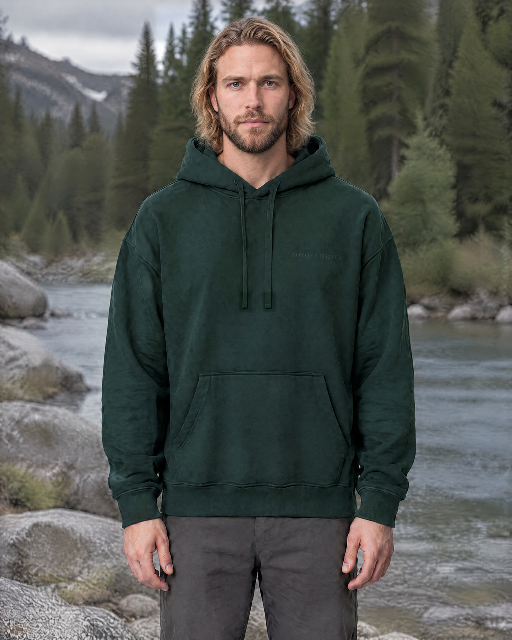 Son of the River River Moss (Pine Green) Heavy Hoodie — Men, outdoor view on Ben