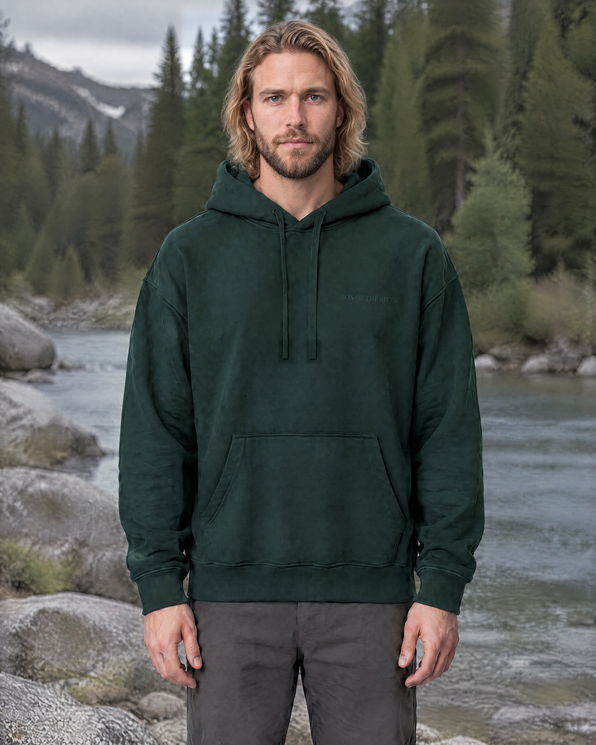 Son of the River River Moss (Pine Green) Heavy Hoodie — Men, outdoor view on Ben