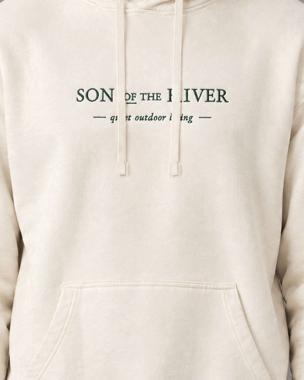 Son of the River River Cream (Ecru) Heavy Hoodie — Men, print detail on Jonas