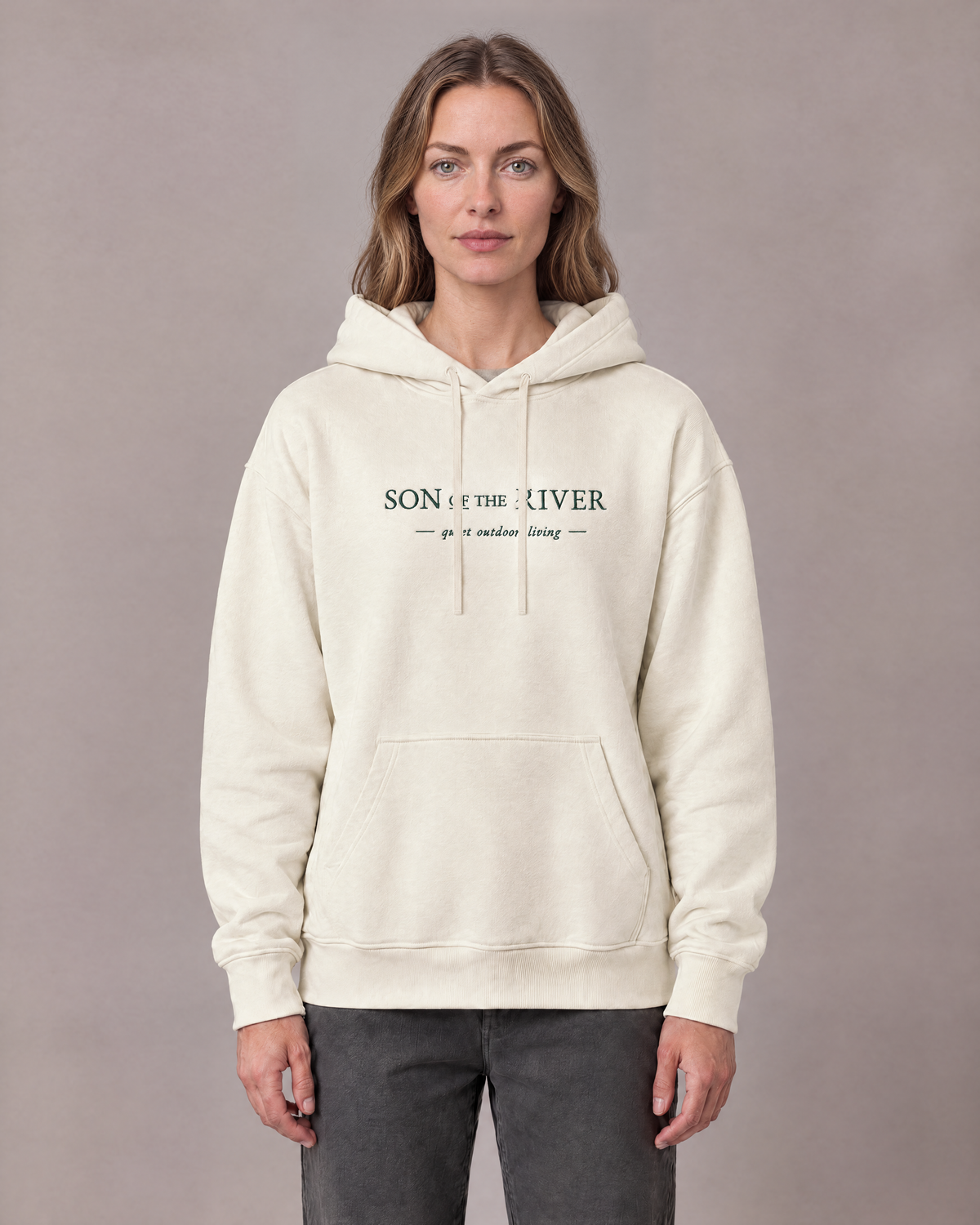 Son of the River River Cream (Ecru) Heavy Hoodie — Women, front view on Maya