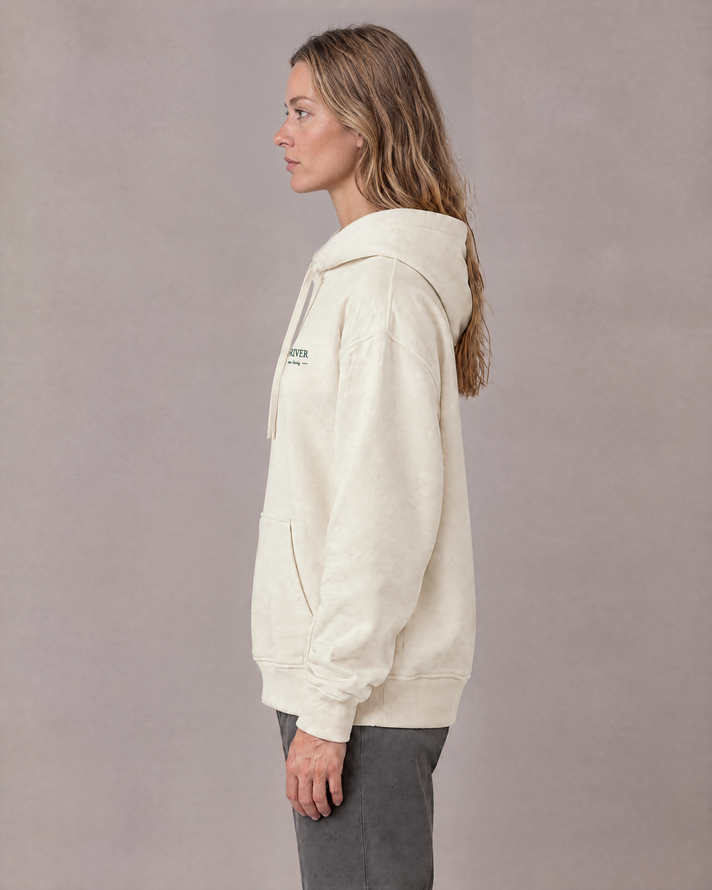 Son of the River River Cream (Ecru) Heavy Hoodie — Women, side view on Maya