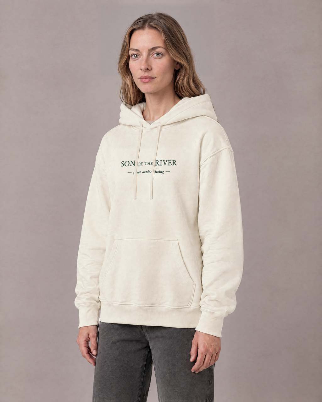 Son of the River River Cream (Ecru) Heavy Hoodie — Women, three-quarter view on Maya