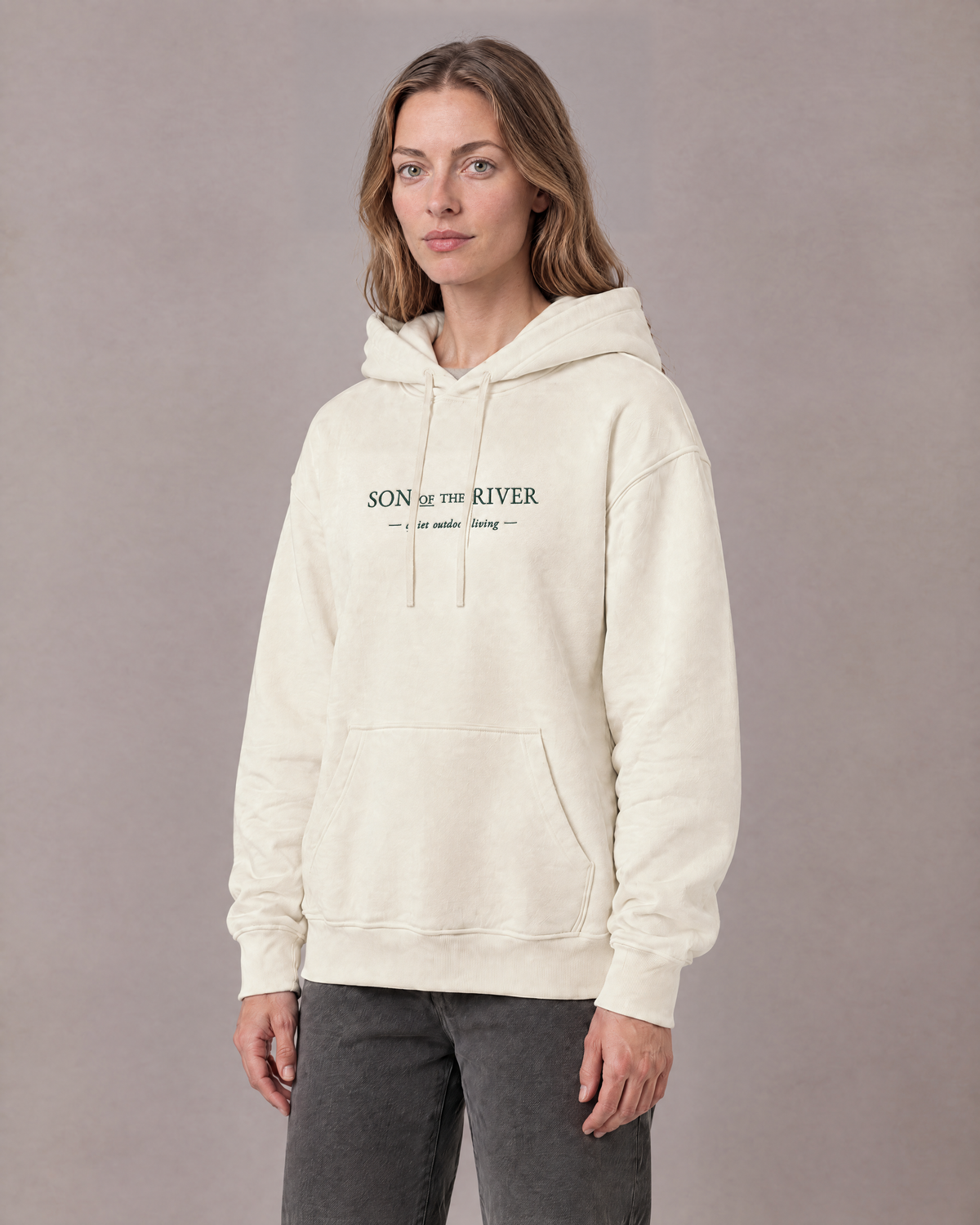 Son of the River River Cream (Ecru) Heavy Hoodie — Women, three-quarter view on Maya