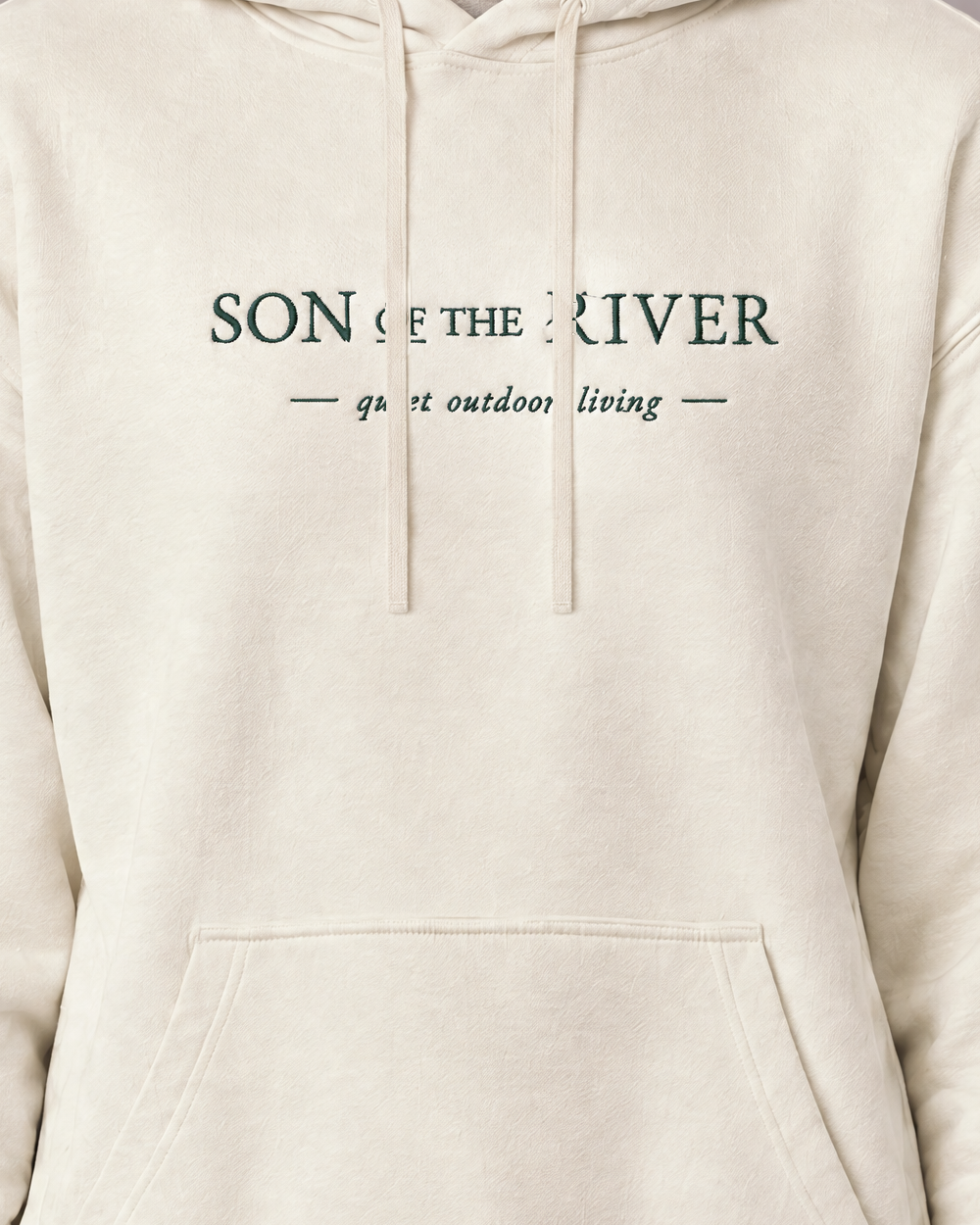 Son of the River River Cream (Ecru) Heavy Hoodie — Women, print detail on Maya