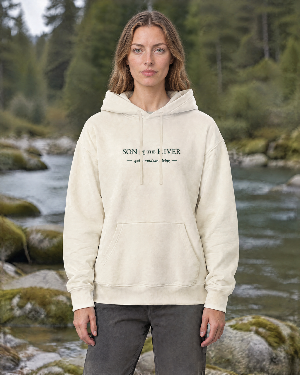 Son of the River River Cream (Ecru) Heavy Hoodie — Women, outdoor view on Maya