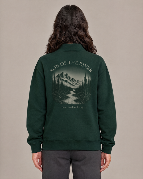 River Moss Stencil Half Zip — Women, back view with mountain, forest and river artwork